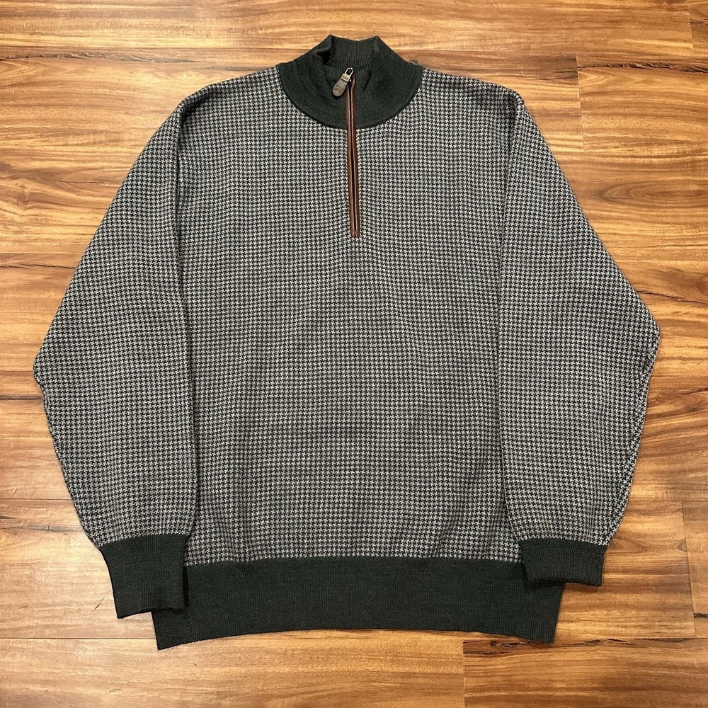 Orvis Sweater Mens XL Gray Houndstooth 1/4 Zip Mock Neck Merino Pullover